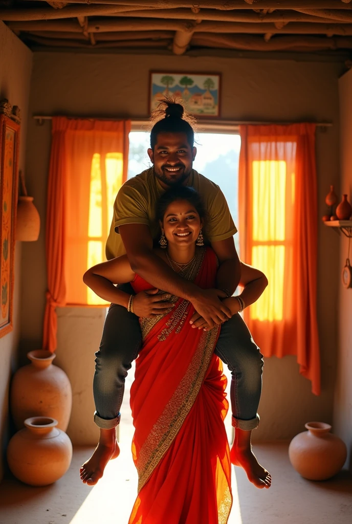 A smiling and beautiful indian woman with tied hair lifting and carrying a stout man on her shoulders, man is sitting on woman's shoulders, in a village room
