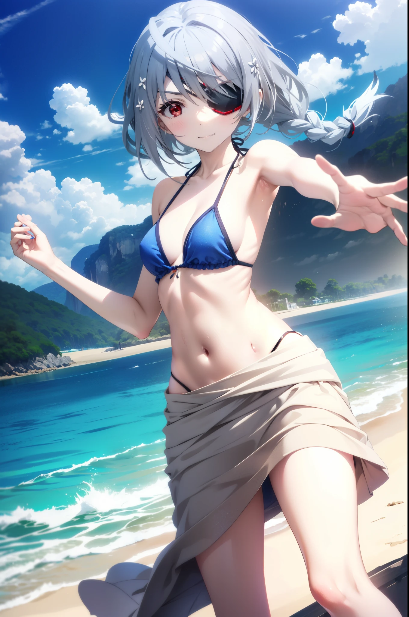 Laurabodewig, Laura Bodewig, (Red eyes:1.3), Long, thick braids,Grey Hair, Eye patch,smile,Black string bikini swimsuit,Belly button,abdomen,A thin long skirt is wrapped around her waist,He is wearing a gun holster on his leg.,Strolling on the sandy beach,Walking,whole bodyがイラストに入るように,,
break outdoors, Beach,
break looking at viewer, whole body,
break (masterpiece:1.2), Highest quality, High resolution, unity 8k wallpaper, (figure:0.8), (Beautiful attention to detail:1.6), Highly detailed face, Perfect lighting, Highly detailed CG, (Perfect hands, Perfect Anatomy),