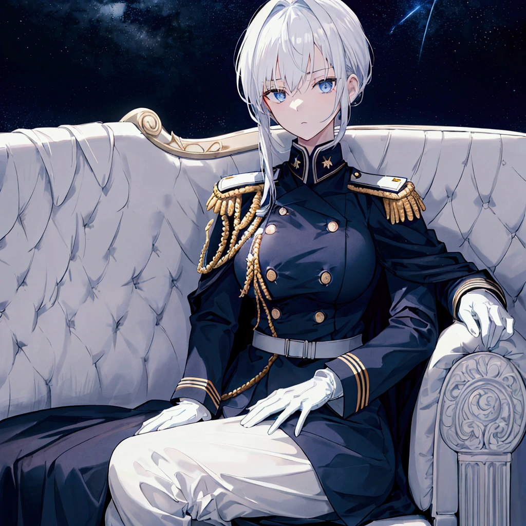 Night sky background, night time, Military uniform, dark blue uniform, white cape, white glove, 1woman, solo, white hair, high collar, tied hair, shining hair, medium-large breast, sitting on couch, facing viewer, arrogant,