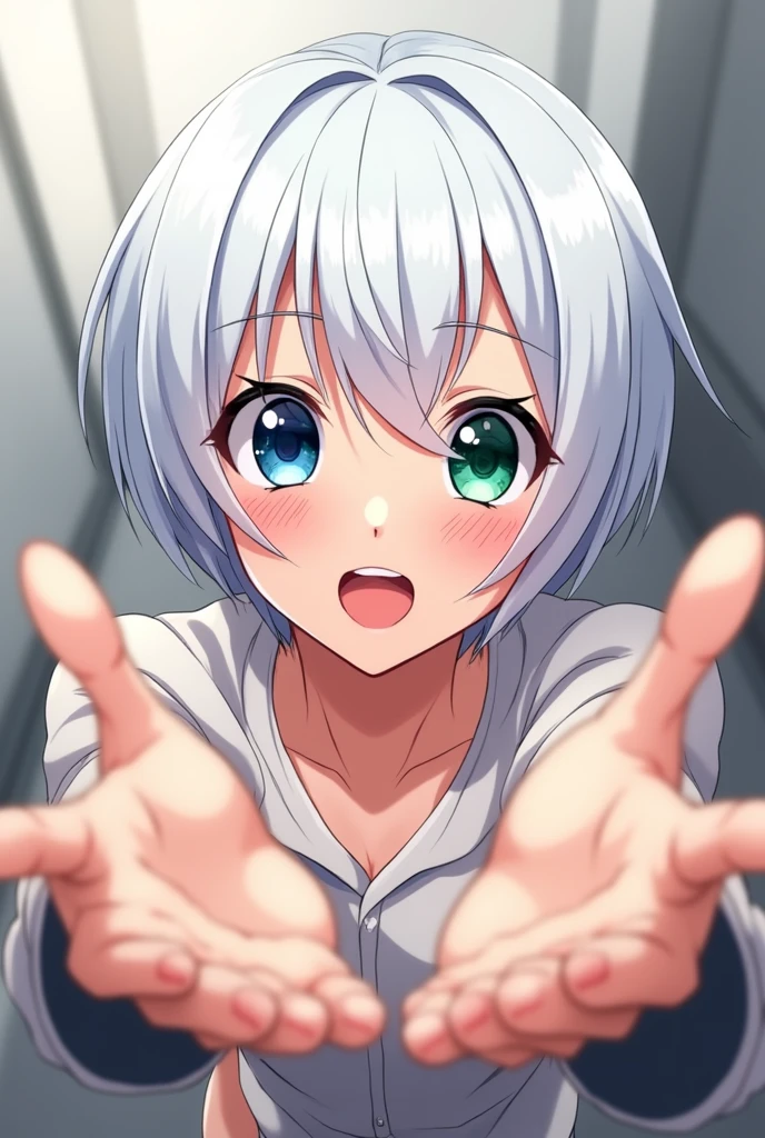 anime style, young adult woman, with the right eye blue and the left eye green, short white hair.
The woman is leaning forward, is leaning forward.
The perspective is making the hands and head look larger compared to the rest of the body.
The right hand (from the viewer&#39;s perspective) is closer to the camera, with her fingers extended forward. The left hand is also extended, but a little further back.