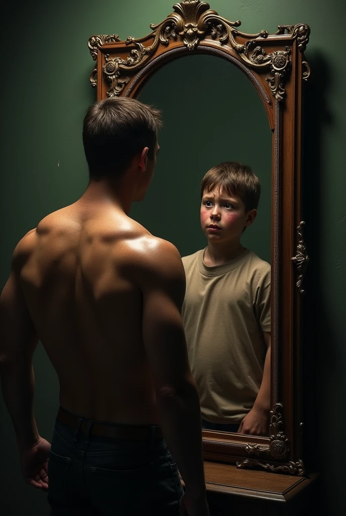 A muscular 30-year-old man
Sees in a very large mirror the reflection of a 5-year-old child
Sad and crying
The is inside the mirror and the man outside
With a very muscular back and healed wounds