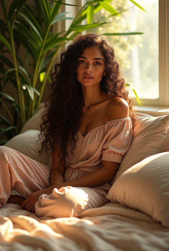 (photorealism:1.2), beautiful woman, sitting on bed, wearing loose off-shoulder top, pajama pants, long curly hair, indoors, soft lighting, plants in background, window with sunlight, cozy room, relaxed pose, realistic, intricate details, warm colors, by Greg Rutkowski, by Alphonse Mucha
