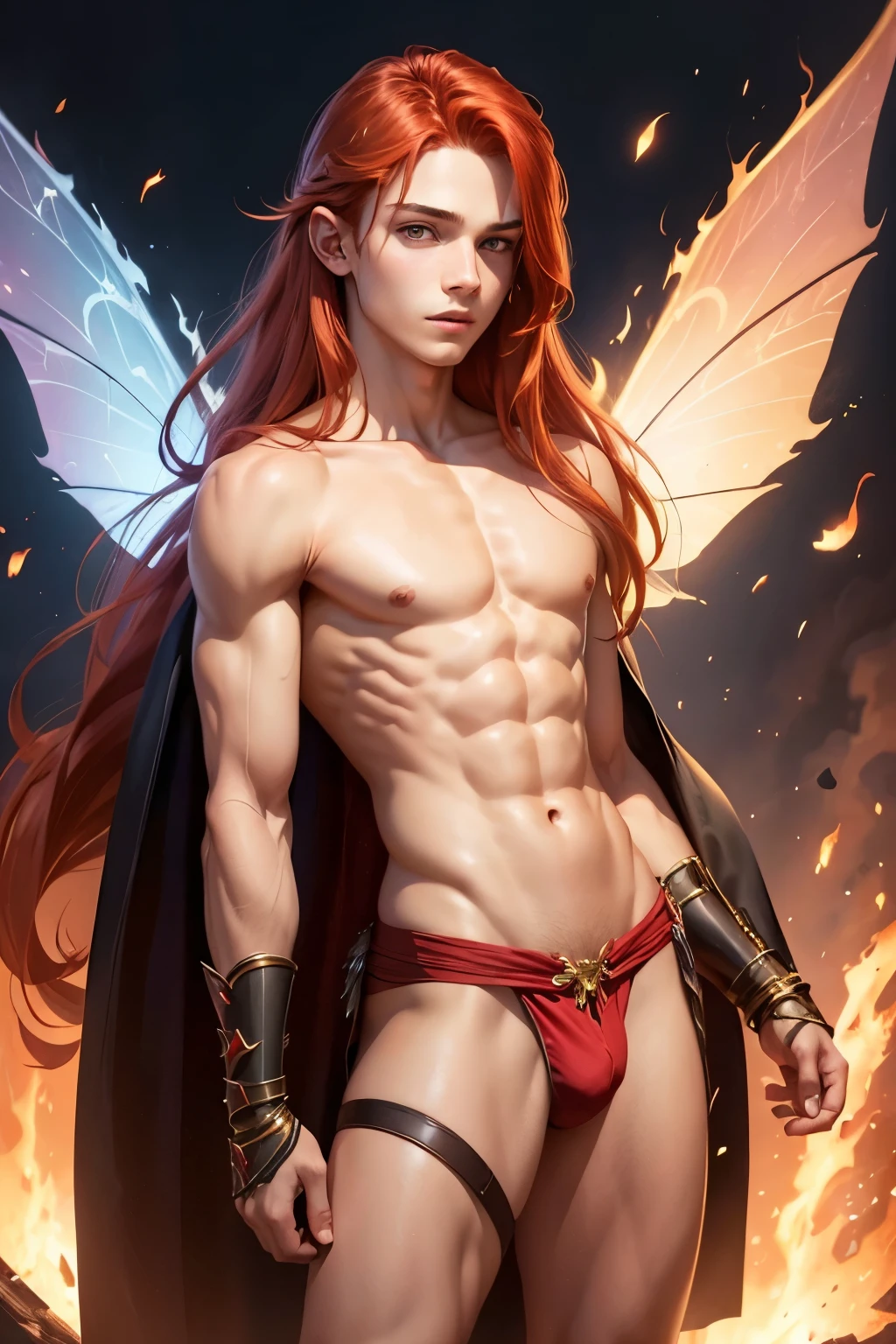 1boy, young male, , fairy, innocent face, cute face, youthful face, red eyes, fairy wings, red fairy wings, fire wings, long hair, red hair, fire hair, muscular, short, sexy, skimpy, jockstrap, loincloth, fire, knight, warlock