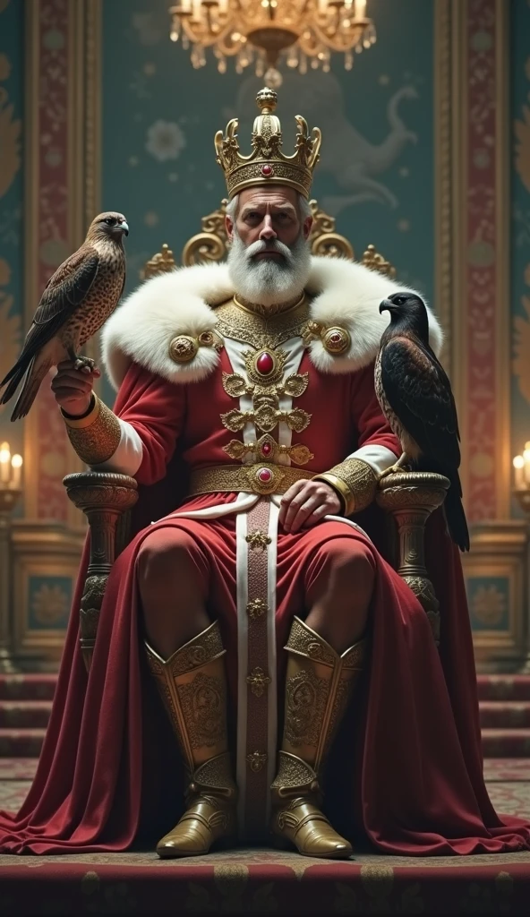 Imposing, strong, and handsome emperor with European features wearing a crown and holding a scepter sitting on a throne with a falcon.