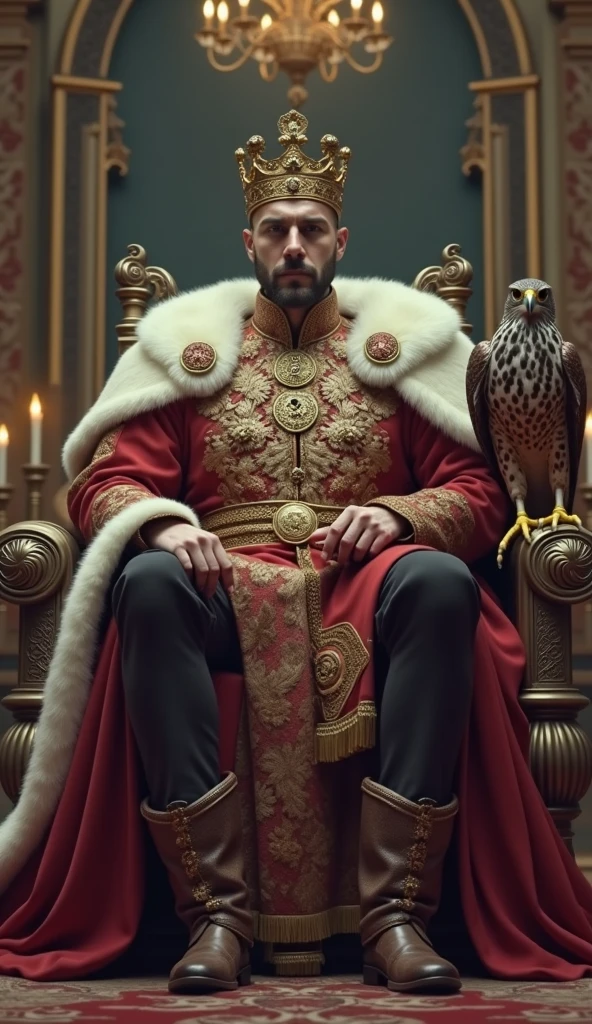 Imposing, strong, and handsome emperor with European features wearing a crown and holding a scepter sitting on a throne with a falcon.