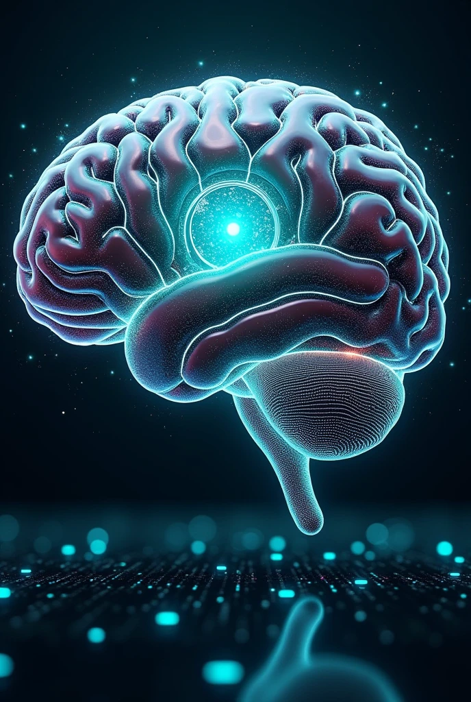 A huge brain with a screen monitor embedded in the middle of the brain.