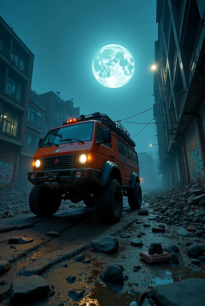 GoPro Shot From One (Cyberpunk armored van) Geeks, 3/4 Vista Frontal, Wide-angle action shots, Post-apocalyptic, 屋outside, night, path, destruction, De-airing, outside, Full moon in the background, Master Parts, Realistic, 8k, Attention to detail, Dark Theme,Suzuki Hustler MR31S,