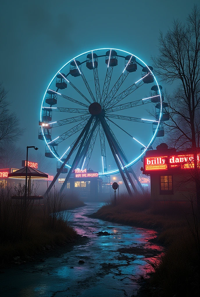 an abandoned amusement park at night, with a rusty Ferris wheel and flashing lights, cyberpunkstyle , Abandoned amusement park