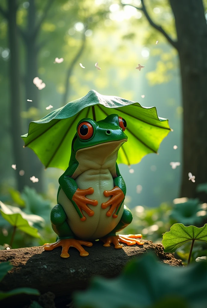 A fat green tree frog,Ultra-realistic,high resolution,Standing with a lotus leaf umbrella,letters on the screen,Hiding in the trees deep in the mountains.