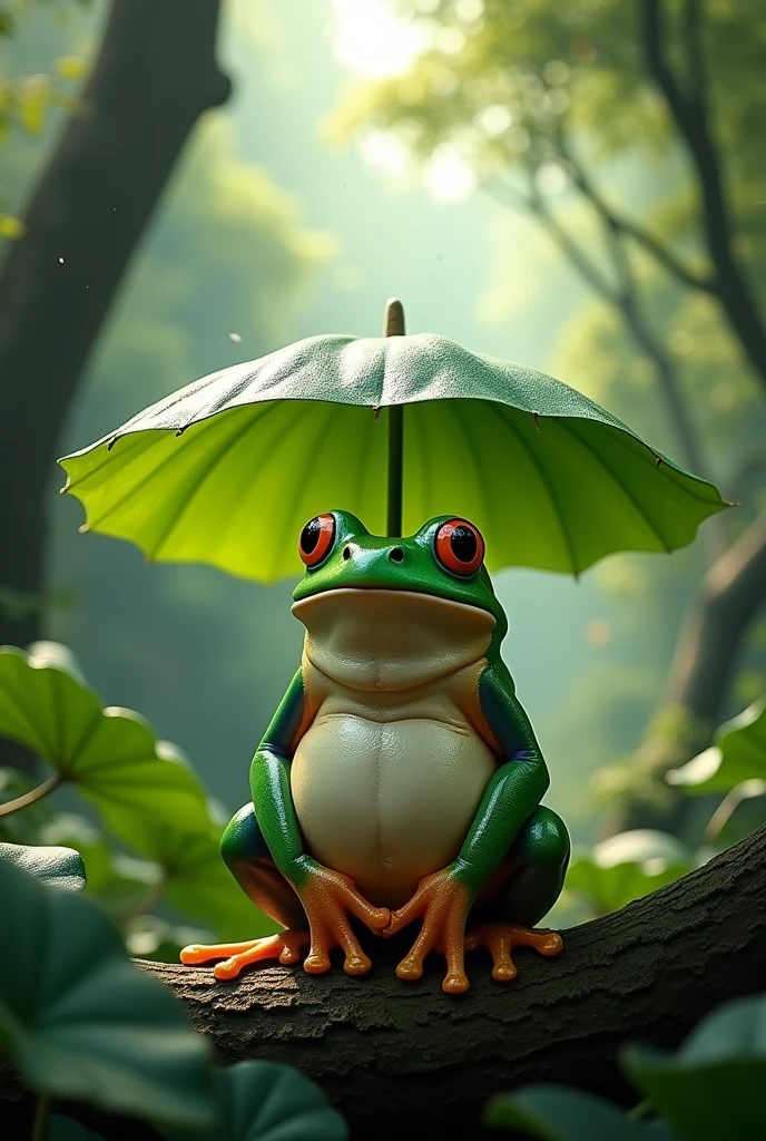 A fat green tree frog,Ultra-realistic,high resolution,Standing with a lotus leaf umbrella,letters on the screen,Hiding in the trees deep in the mountains.