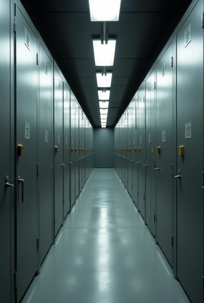 a large corridor. With several identical doors, Gray wooden doors with metal door handles and a small plate with different numbers on each door. And white, strong lamps.