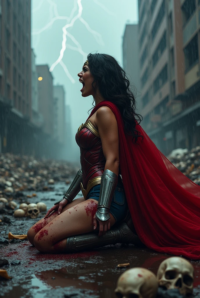 A beautiful woman, Adriana Lima, under the mantle of the Amazonian warrior Wonder Woman, is kneeling and screaming in exhaustion after a battle. Blood surrounds her in an apocalyptic, rainy city full of skulls, beside Wanda Maximoff, alias Scarlet Witch.
