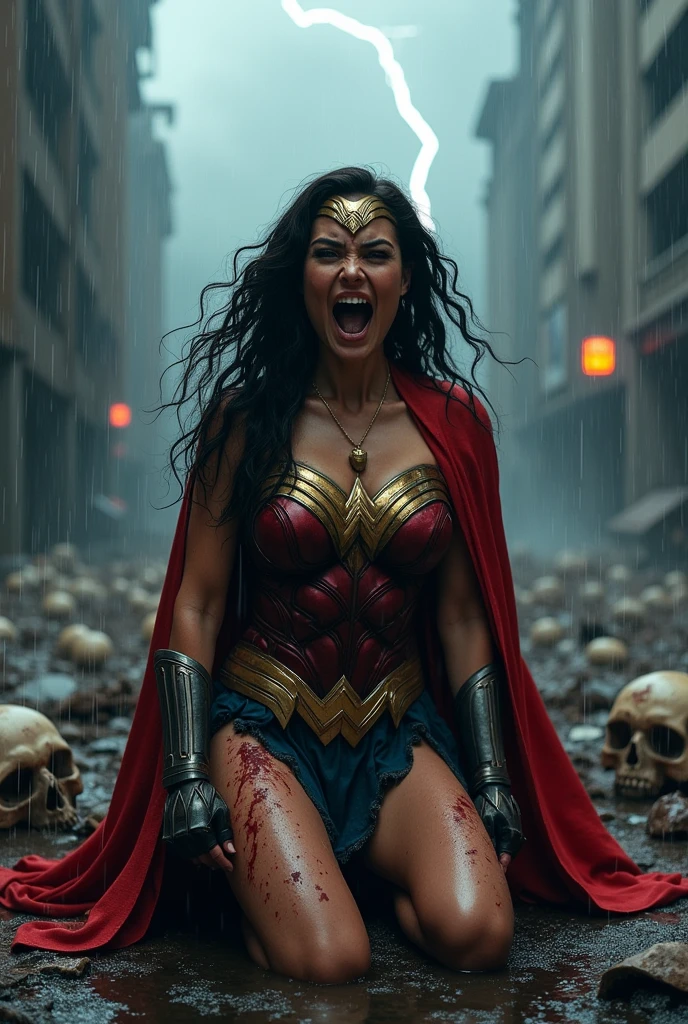 A beautiful woman, Adriana Lima, under the mantle of the Amazonian warrior Wonder Woman, is kneeling and screaming in exhaustion after a battle. Blood surrounds her in an apocalyptic, rainy city full of skulls, beside Wanda Maximoff, alias Scarlet Witch. 