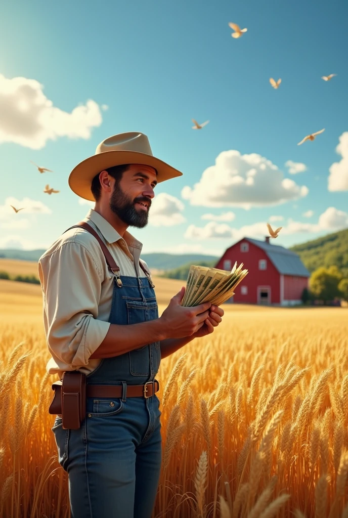 In background there is a farm in which a farmer is getting money from the crop purchaser