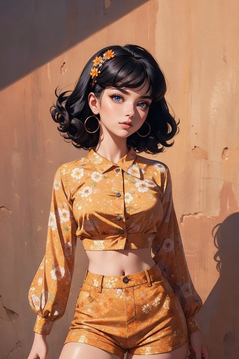 (((masterpiece))), Top influencer woman, Highest quality, Very detailed, Cute and spunky, Retro 60s style, Fair skin, Short curly black hair with flower clips, Orange button-up crop top、Sheer floral-printed sleeves, Brown high-waisted button-up shorts, Retro background
