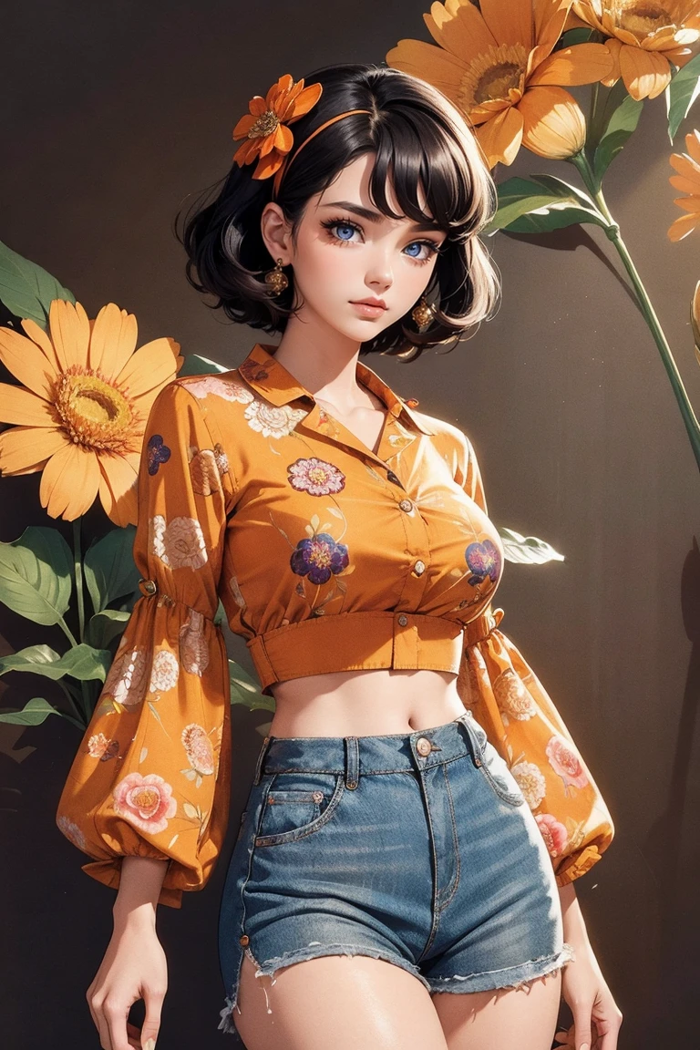 (((masterpiece))), Top influencer woman, Highest quality, Very detailed, Cute and spunky, Retro 60s style, Fair skin, Short curly black hair with flower clips, Orange button-up crop top、Sheer floral-printed sleeves, Brown high-waisted button-up shorts, Retro background