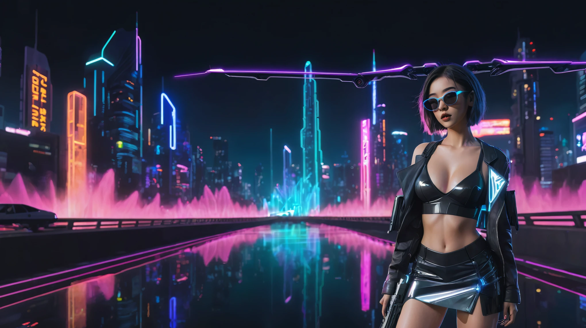 At night, simple outlined cyberpunk city, flying cars, neon waterfall, line art background. (1girl, solo), photo realistic, medium-breast:1.3 slim body, cleavage, sling top, miniskirt, black sunglasses, holding a short gun, half-body thigh level medium shot, cinematic lighting, ray tracing.