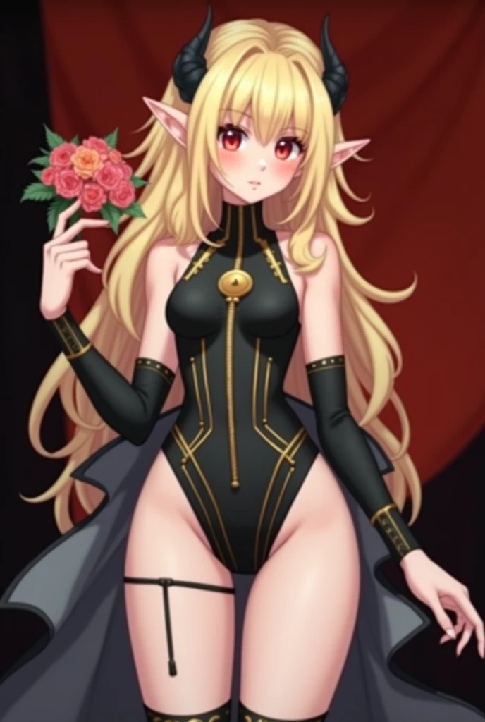 masterpiece, best quality, high resolution,
3rd, FinalCostume,
1girl, Alone,
elf ears, sin corona, with a ruby earring, without cape, with black leotard, necromancer costume, big red eyes, too small bust. She's completely blushing, the details of her leotard are sexier, in her hand she holds a bouquet of flowers