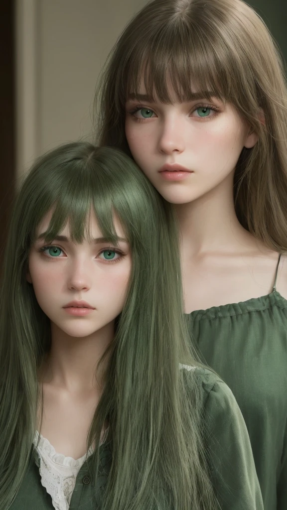 a girl. European. Extremely detailed face. Oval face. Delicate features. Half-closed eyes. Long straight hair. Messy hair. Bangs. Green hair. Green eyes. Angry. Shy. Straight face
