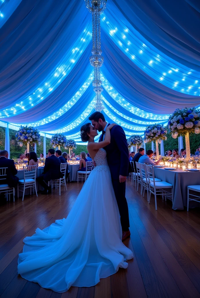 Create a great blue themed wedding, with the groom and the bride and make it a great party 