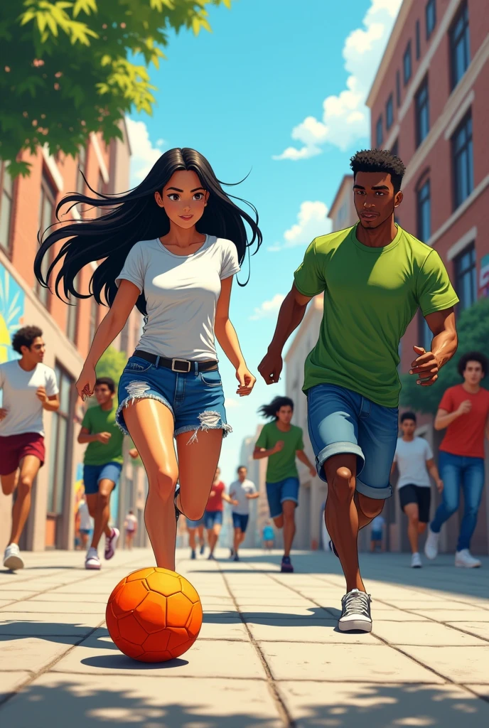 A young anime woman with tanned skin., long black hair, wearing a white t-shirt and blue denim shorts, and a young dark-skinned man wearing a green t-shirt and blue jeans playing a street football game with white men