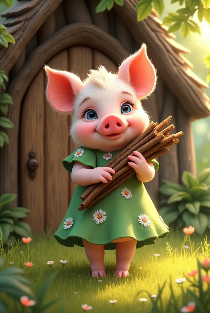 full-body illustration, (1piglet:1.2), (cute and chubby:1.3), carrying a heap of long wooden logs in hand, wearing a long green floral dress with white flowers, standing on hind legs, (adorable expression:1.3), big blue eyes, small snout, (realistic fur texture), (nature background:1.2), surrounded by grass, ((building a small house made of wooden sticks)), standing in front of a small house made of wooden logs and beautiful wooden door, sunlight filtering through the leaves, (soft lighting:1.3), (warm and bright color scheme:1.3), (highly detailed), (ultra quality:1.3), (masterpiece), (digital art), 8K resolution, HDR, depth of field, (soft shadows), (photorealistic:1.3), (animation:1.2), (by Greg Rutkowski:0.9), (in the style of Alphonse Mucha), trending on ArtStation, award-winning art