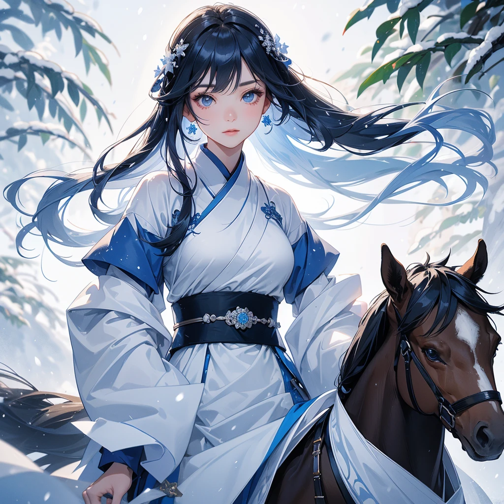 A beautiful female in blue hanfu dress , riding on the black horse in the forest ,close up, Amidst the white snowy atmosphere, the snow is falling lightly, watching the snow fall one by one.