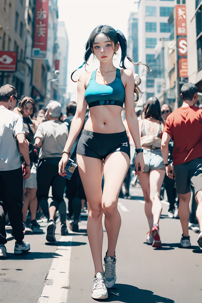 Large Breasts, Sexy 25 year old woman, Blue Twintails, Sports bra and shorts, Small shorts, boy shorts, Spandex Shorts, Short shorts, knee high shoes下, below the knee shoes下, athletic stripes (shoes下), Snakes,shoes, sneakers, Are standing, Photo pose, Frivolous, whole body, Crowded street, Good quality, 4K, masterpiece, pin up,((Adult female body))