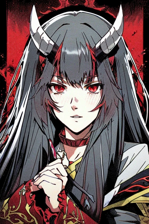 8k, Highest quality, Manga style, View your viewers, Intricate details,One person, Nakiri Ayame, Two demon horns, Multicolored Hair, Long Hair, Red eyes, Gray Hair