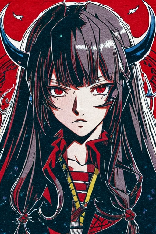 8k, Highest quality, Manga style, View your viewers, Intricate details,One person, Nakiri Ayame, Two demon horns, Multicolored Hair, Long Hair, Red eyes, Gray Hair