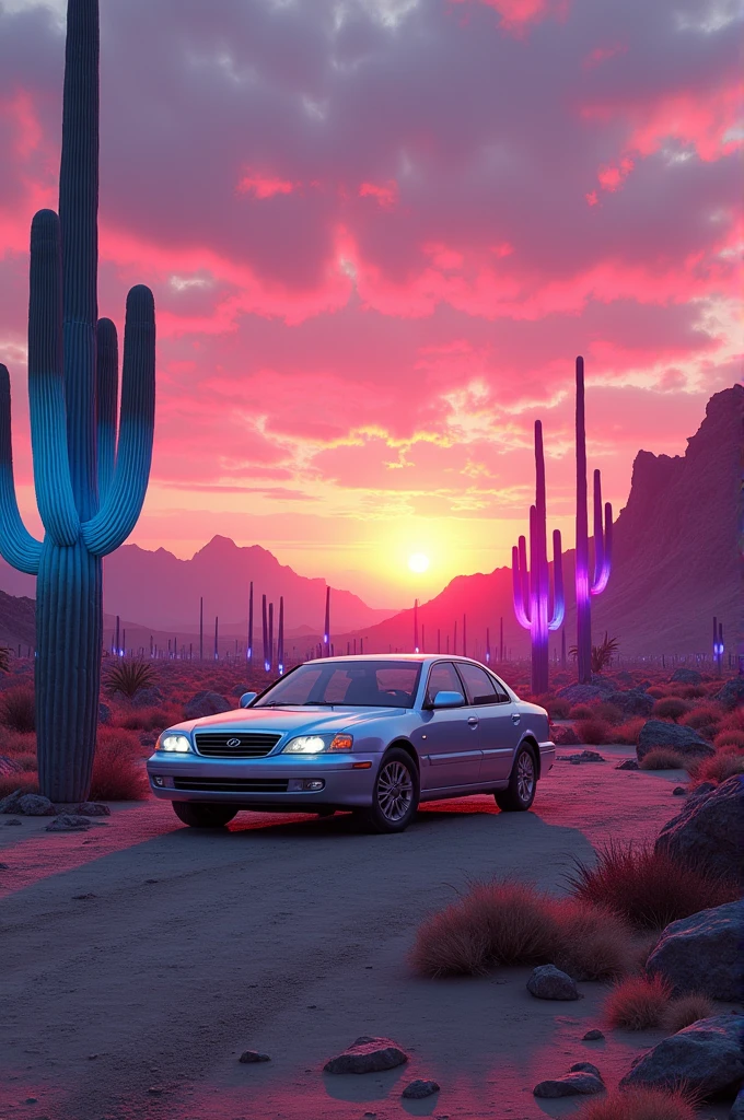 Hyundai sonata FE 1999 silver color, Cyberpunk Desert, sunrise