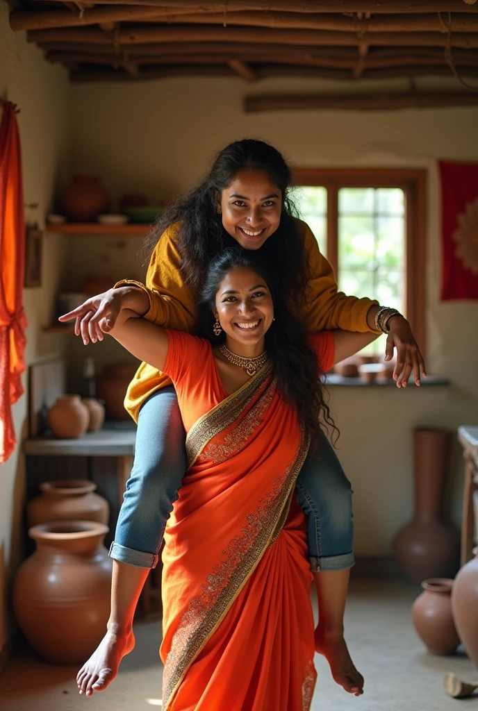 A smiling and beautiful indian woman with tied hair lifting and carrying a stout man on her shoulders, man is sitting on woman's shoulders, in a village room