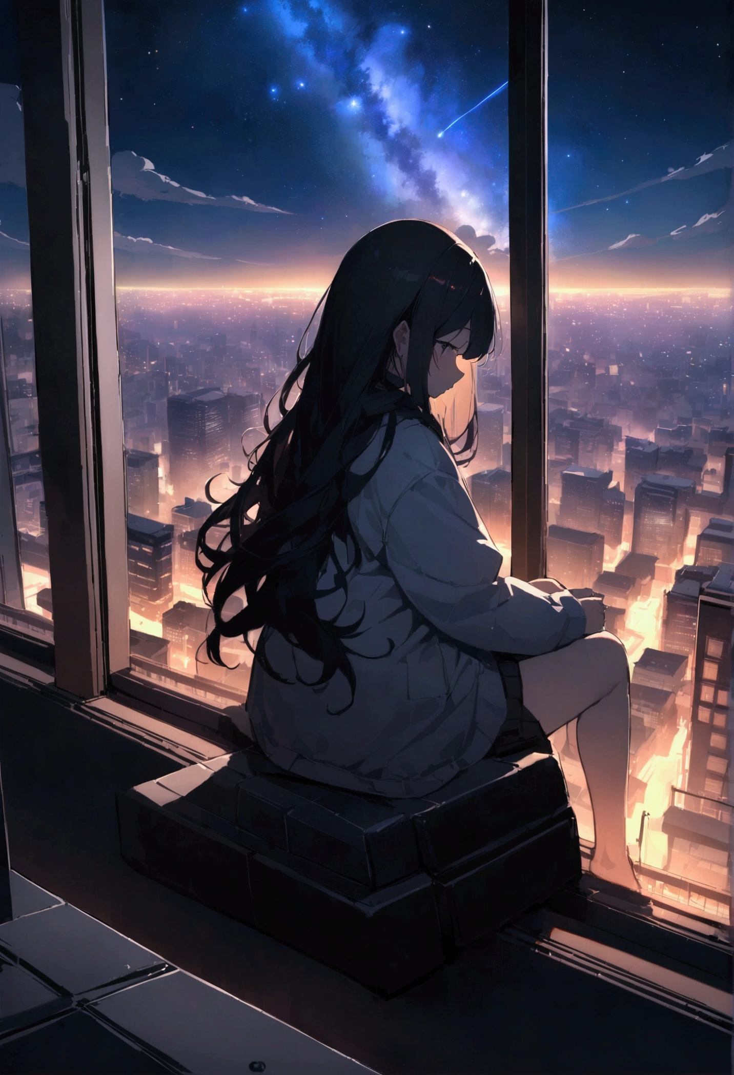 masterpiece,Octane, null, star (null), scenery, starnull, night, one person's, night null, alone, Outdoor, building, cloud, milky way, Sitting, wood, Long Hair, city, silhouette, cityscape,masterpiece,32K