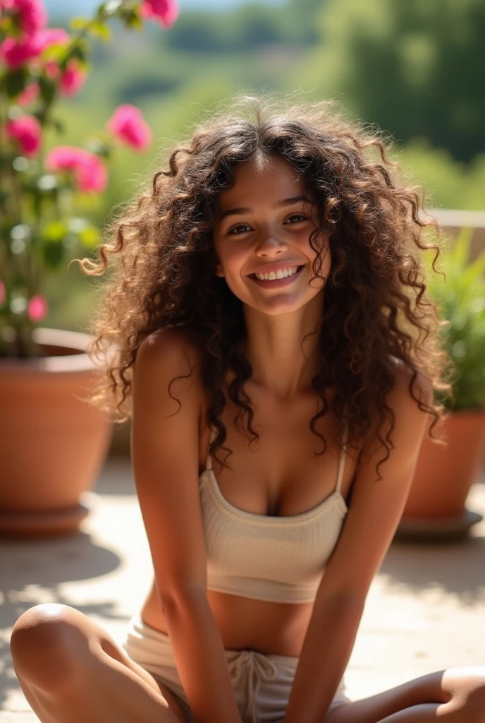 A brunette girl with curly hair and big breasts sits with her legs stretched out, taking a realistic photo
