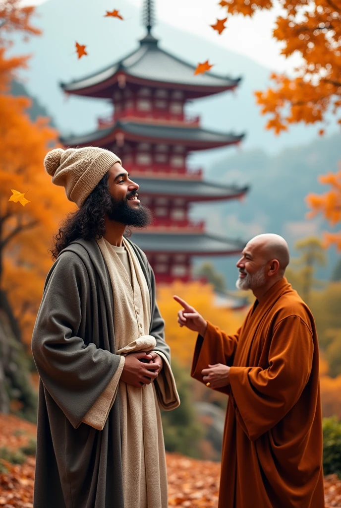 A monk resembling Jesus Christ and Buddha looks at an impressive five-storied pagoda surrounded by autumn leaves from a distance. They are smiling happily and beaming. Jesus is wearing an off-white knit top, a knit hat on his head, jeans, and a gray coat. Jesus of Nazareth is depicted as a gentle, gentle man with shoulder-length hair. His wavy brown hair cascades over his shoulders. His face conveys deep wisdom and empathy, radiating warmth and understanding. Autumn in Japan. Another Buddha-like monk has a gentle and wise face with a short nose and slitted eyes. He points to the pagoda and teaches Jesus. Ginkgo leaves are falling. Highly detailed, trending at the art station, sharp focus, studio shot, intricate details, Greg Rutkowski,