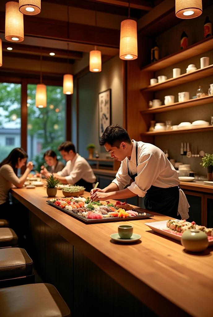 The interior of a sushi restaurant viewed from a diagonal angle