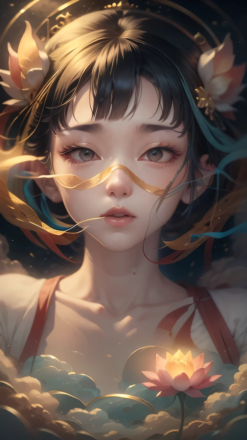 Fantasy，8k,Highly detailed CG unit wallpaper, masterpiece,High resolution,Highest quality,Highest quality real texture skin,,Increase the resolution,RAW Photos,Highest quality,Very detailed,wallpaper,Cinema Lighting,Ray Tracing,Golden Ratio, Very colorful,Colorful otherworldly extremely, cute anime face, (((Flat Chest))), (Flat Chest:1.1),((((Short Bob Hair)))),Complex eyes,beautiful detailed eyes,Symmetrical eyes,(((Details face))),beautiful detailed lips, Young Face,Short stature，Pretty face， (((Embarrassing))),(Reaching the peak and looking up at the sky),(My heart is pounding with anticipation.)、A nightgown that reveals her fair skin.,(very noble ,, godliness,Three thousand worlds,infinite happiness,joy,no gravity,milky way,background\(heaven\),in the Thick Fog,(Thick Fog:1.5)\),\(below heaven,look up\),(Thick Fog:1.5)，Color is empty，Urgent as a command，Wide-angle lens，Wide composition,Tathagata，Lotus flower in full bloom，5th Dimension，Look up from below，whole body，From head to toe