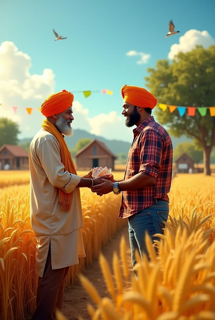 In background there is a farm in which an indian farmer is getting money from the crop purchaser