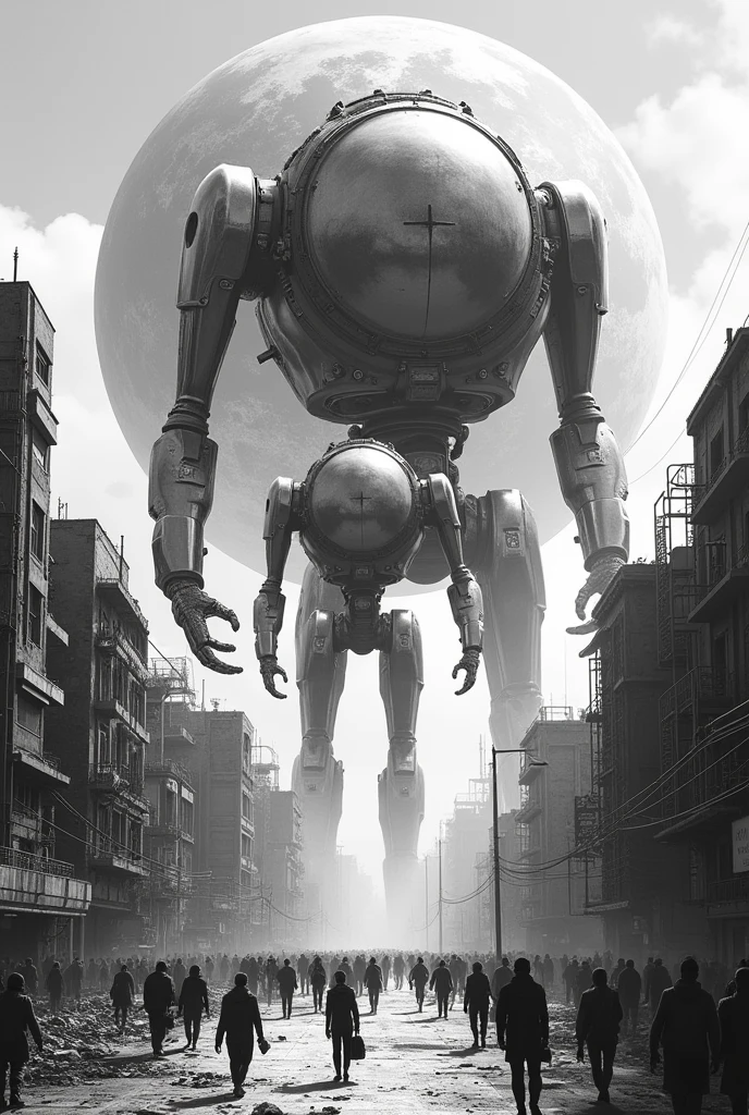 a black and white image of a planet Earth dominated by robots, with humanity living under its shadow.
