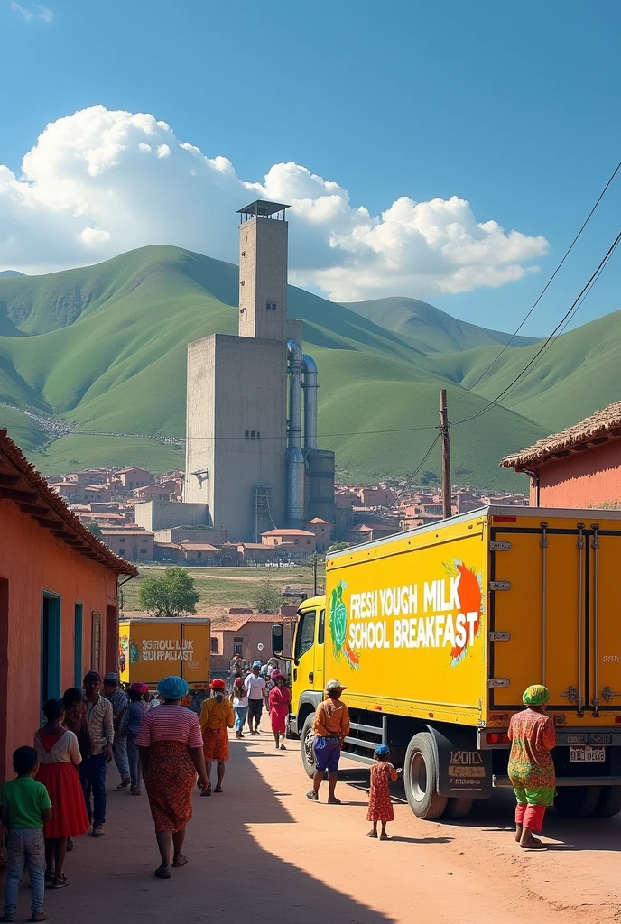 Create an image based on the following information Legal Challenges: Start of Operations: Processing plant is established, which begins to produce milk and yogurt for school breakfast, Transporting the products to local schools. That they are reflected in the people of Mizque Bolivia
