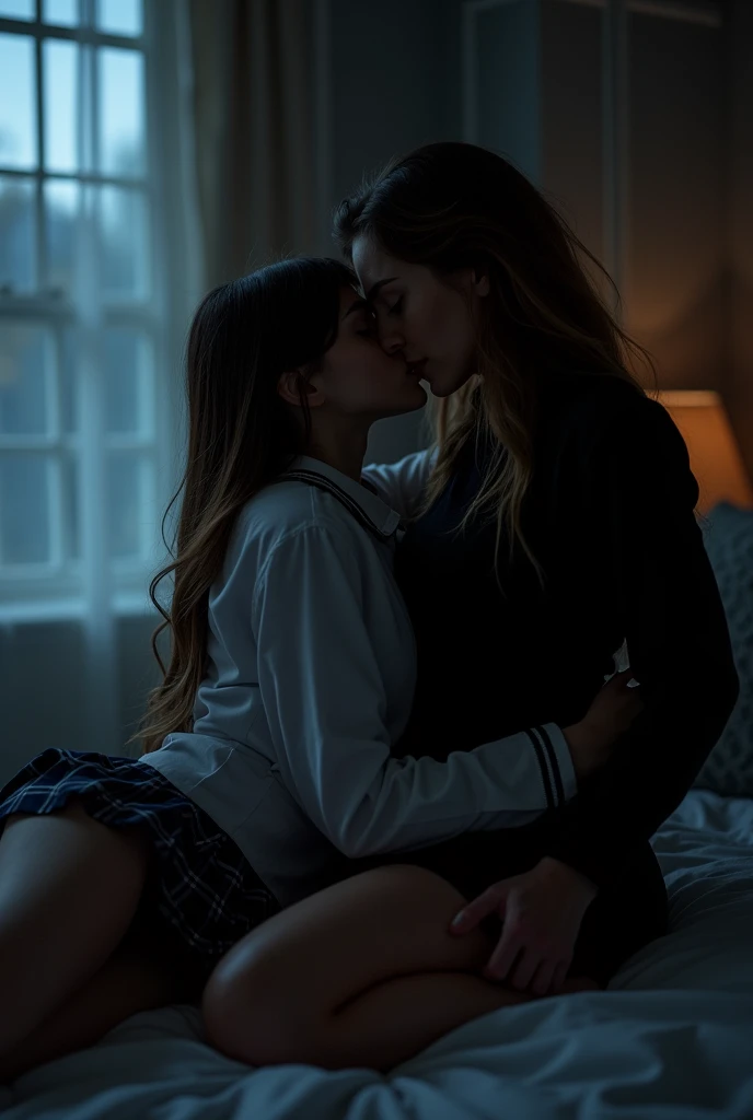 A sexy schoolgirl wearing a long-sleeved white school uniform lies on a bed. She's passionately kissing a sexy female teacher wearing a black shirt in the darkness, more of this in the dark room.