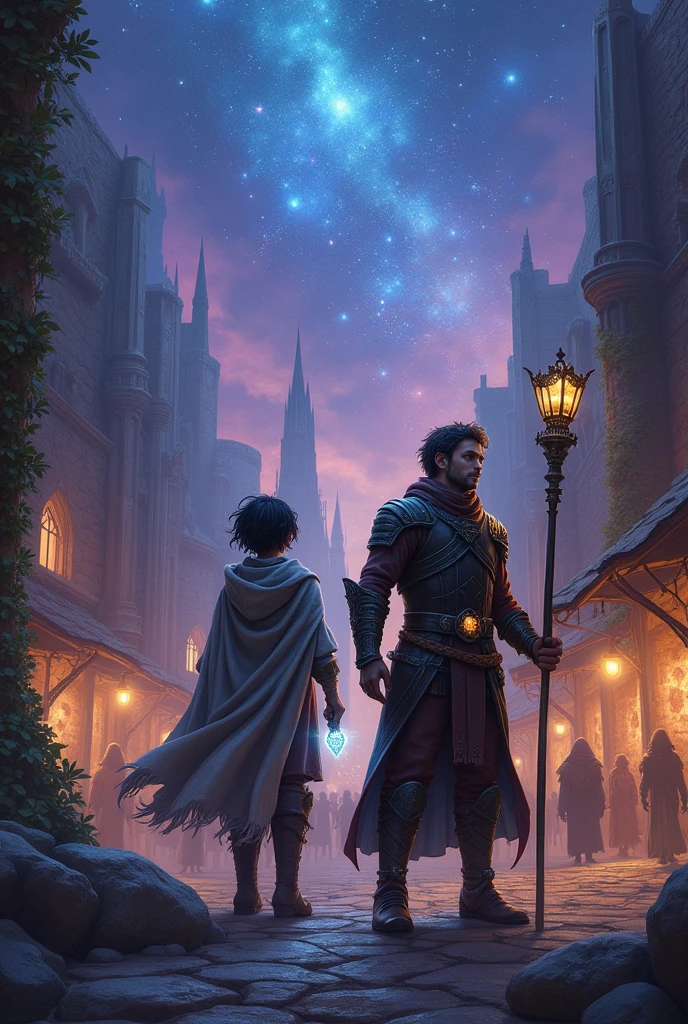Create a book cover about two friends named Roby and Stuart who live in an ancient magical city and they must unite to protect the city from evil beings called Eteneos.