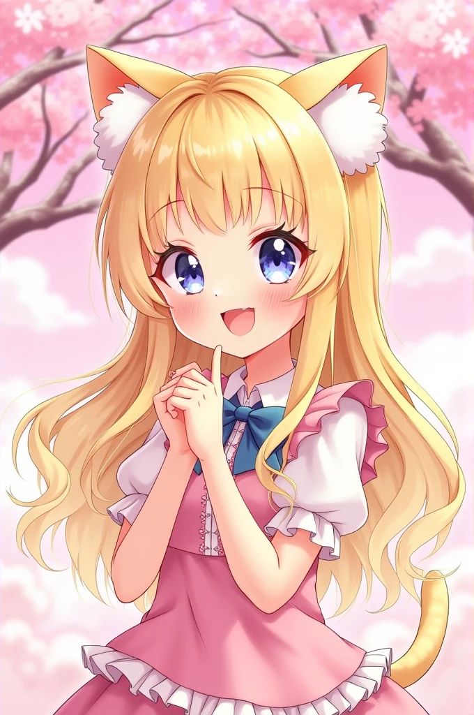 Draw a cute, girly character in an anime style、with blonde hair and cat ears.