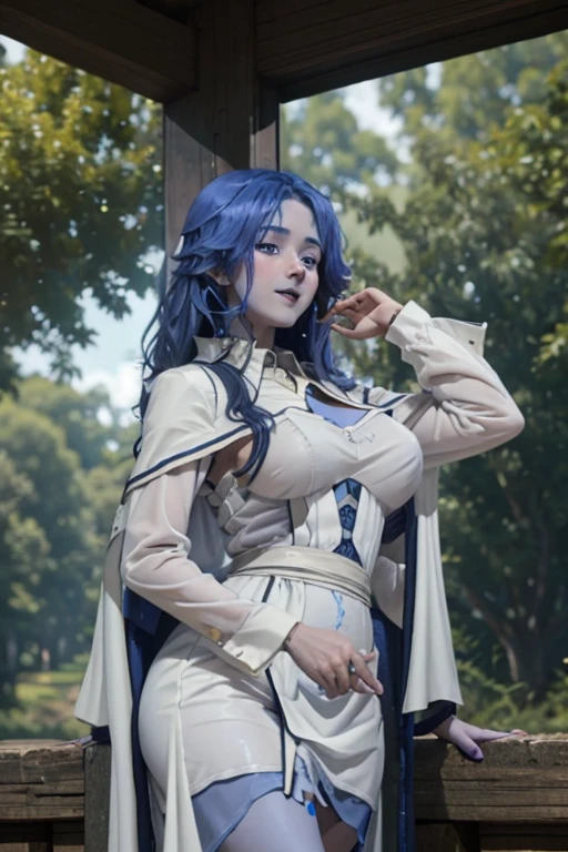 Ranni the witch (blue hair) lifting up her skirt (sheer white gown) and pinching her nipples (small breast) while resting at a site of grace (dark forest background) full face blushing while sweating a lot looking at viewer with horny smile