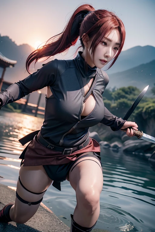 Highest quality,Ultra HD,Best AI Images, Full body photo,(beautiful face like a Japanese actress), ((Red Hair 1.2))，((Sweaty 1.4))，Very detailed vfx portrait of, Female Ninja, Japanese kunoichi, cgsociety and Zhong Feng Hua, Covert behavior, Female Ninja, ((Scene of fighting with a short sword)),Scene of fighting with a short sword1.3,Portrait of a Japan woman, , Trending on deviantart, ((Gray short ninja costume 1.5))，((sexy kunoichi,Big Breasts)), Japanese spy, 3D Rendering, (Beautiful Face 1.5), Key Visual, Vibrant, (((A dimly lit riverbank background.5))), Very detailed, growing up,