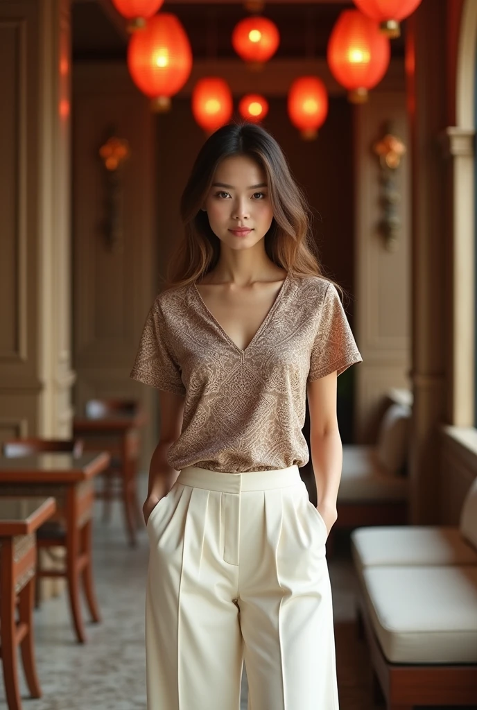 Female model. Modern style. Wearing a short-sleeved brown T-shirt with a high v-neck and stylized Thai-Vietnamese ethnic brocade pattern. Cream, white, light brown. Beige collar with 2cm hem. Plain brown sleeves with 2cm hem. Plain cream A-line pants, side pockets. Set in a luxurious wooden interior room. Cream walls. Table, chairs, red lanterns
