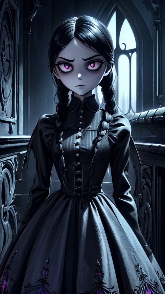 (1girl, wednesday_addams), (extremely detailed CG unit 8k wallpaper),(master part), (best quality), (ultra detail), (best illustration),(TimBurton Animation), cowboy shot, (Sharp eyeliner, ombre, detail eyes), dark dungeon interiors background, ,break , (vamptech), dress, black dress,