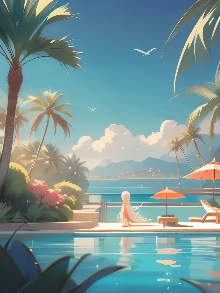 painting of a mermaid swimming in a pool with a palm tree, relaxing concept art, mermaid in distance, disney concept art :: nixri, beautiful mermaid, 🌺 cgsociety, a mermaid in the sea, mermaid, mermaids in distance, dreamy illustration, by Nicholas Marsicano, little mermaid, by Jean Crotti, mermaid tail, loish |, in the sea