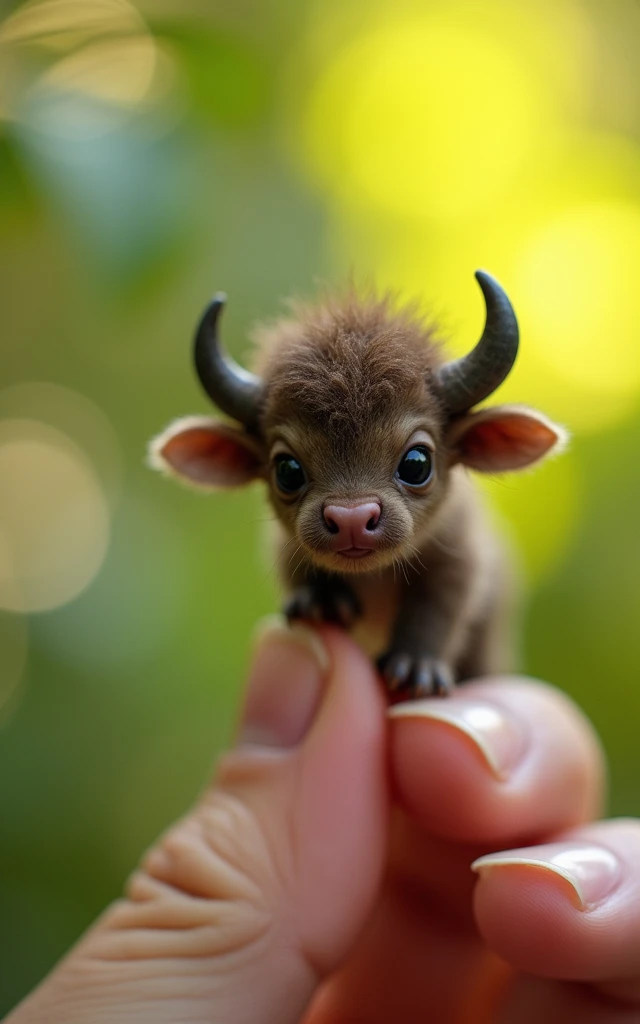 Photorealistic, 34k, A micro baby Buffalo perched on a human finger