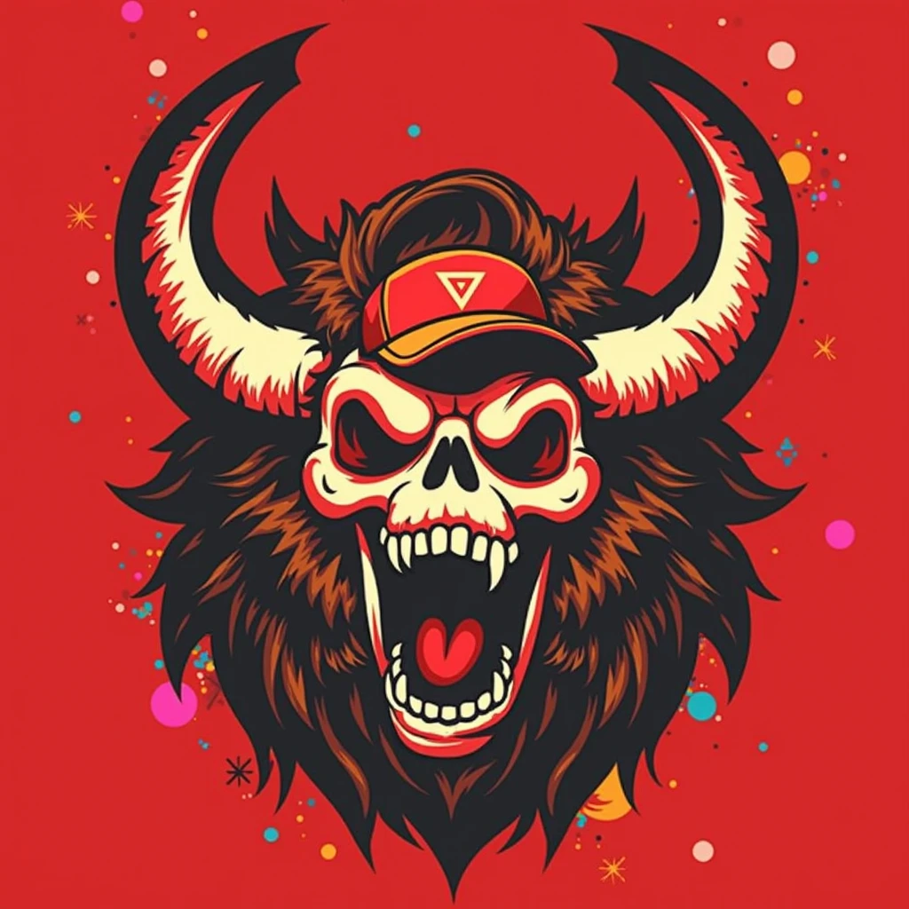 create a logo of a bearded monkey skull or skeleton wearing a baseball cap and a sweater
